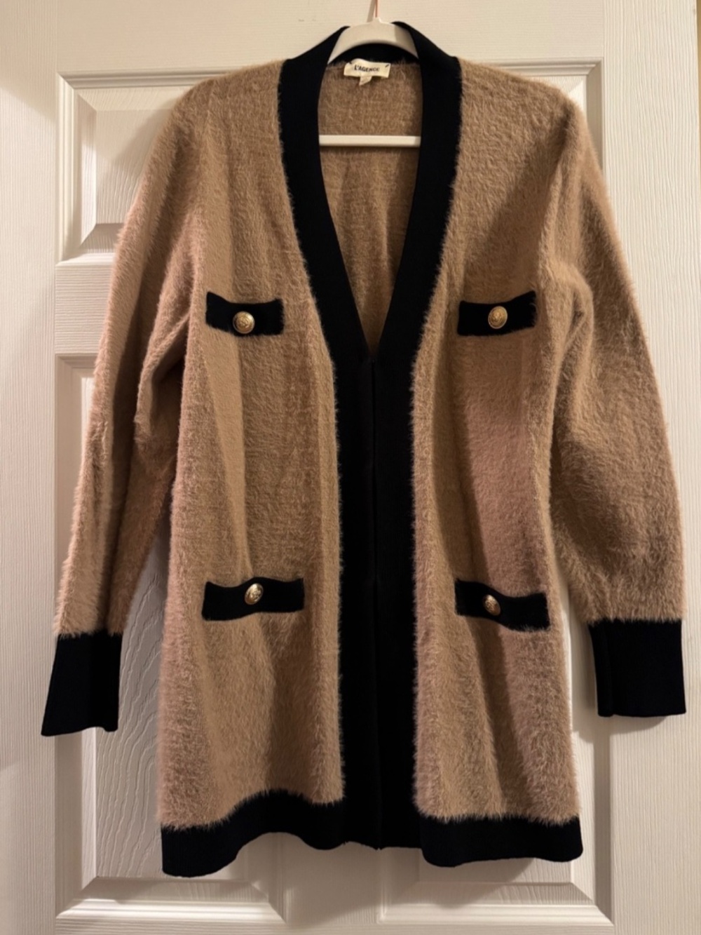 L'AGENCE Cardigan L Tan Black Contrast Trim Longline Knit Pockets Gold Button